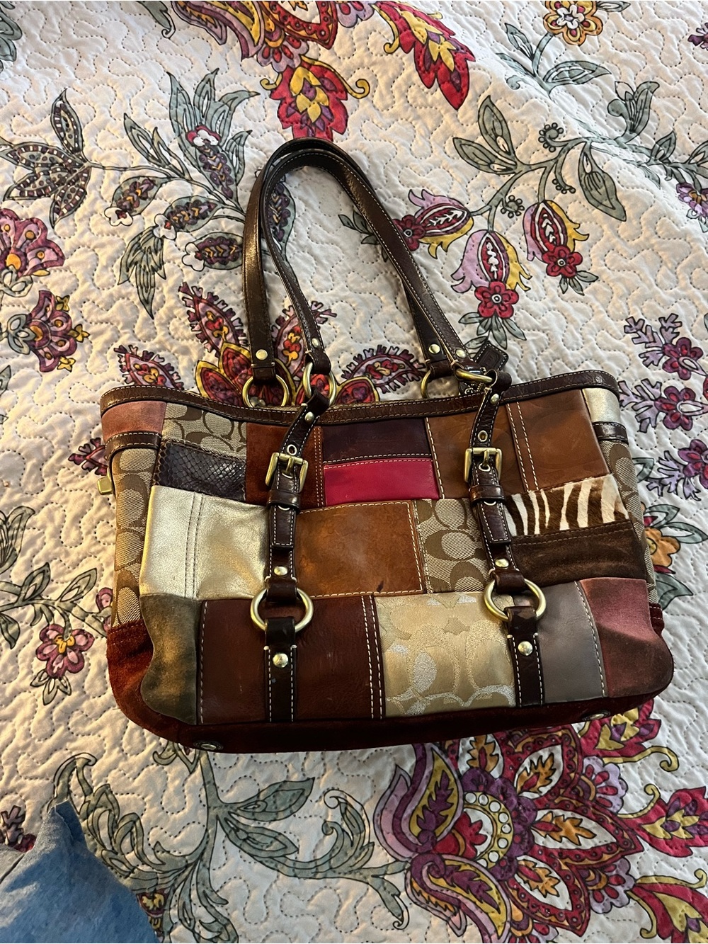 Women’s Y2K Coach Patchwork Holiday Tote Leather Suede Purse Handbag 10437
